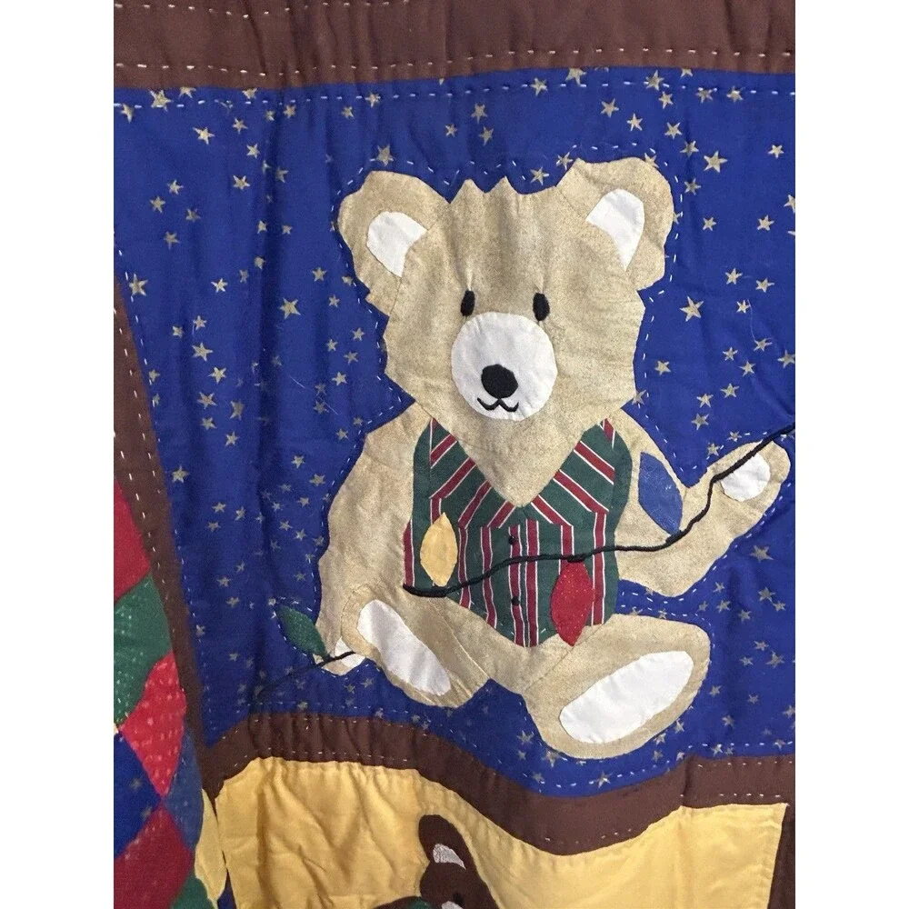 Christmas Teddy Bears Patchwork Applique Quilt Throw Blanket 50x58 Holiday Decor